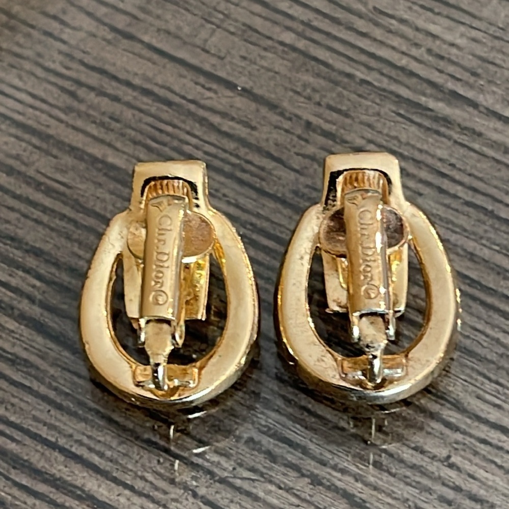 Vintage CHRISTIAN DIOR Door Knocker Clip On Earrings Gold Rhinestone Signed 70’s - Picture 9 of 17